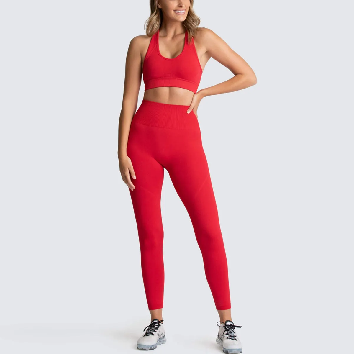 European and American Solid Color Seamless Knitted Hip Yoga Suit Exercise Workout Outfit Vest Suit Women