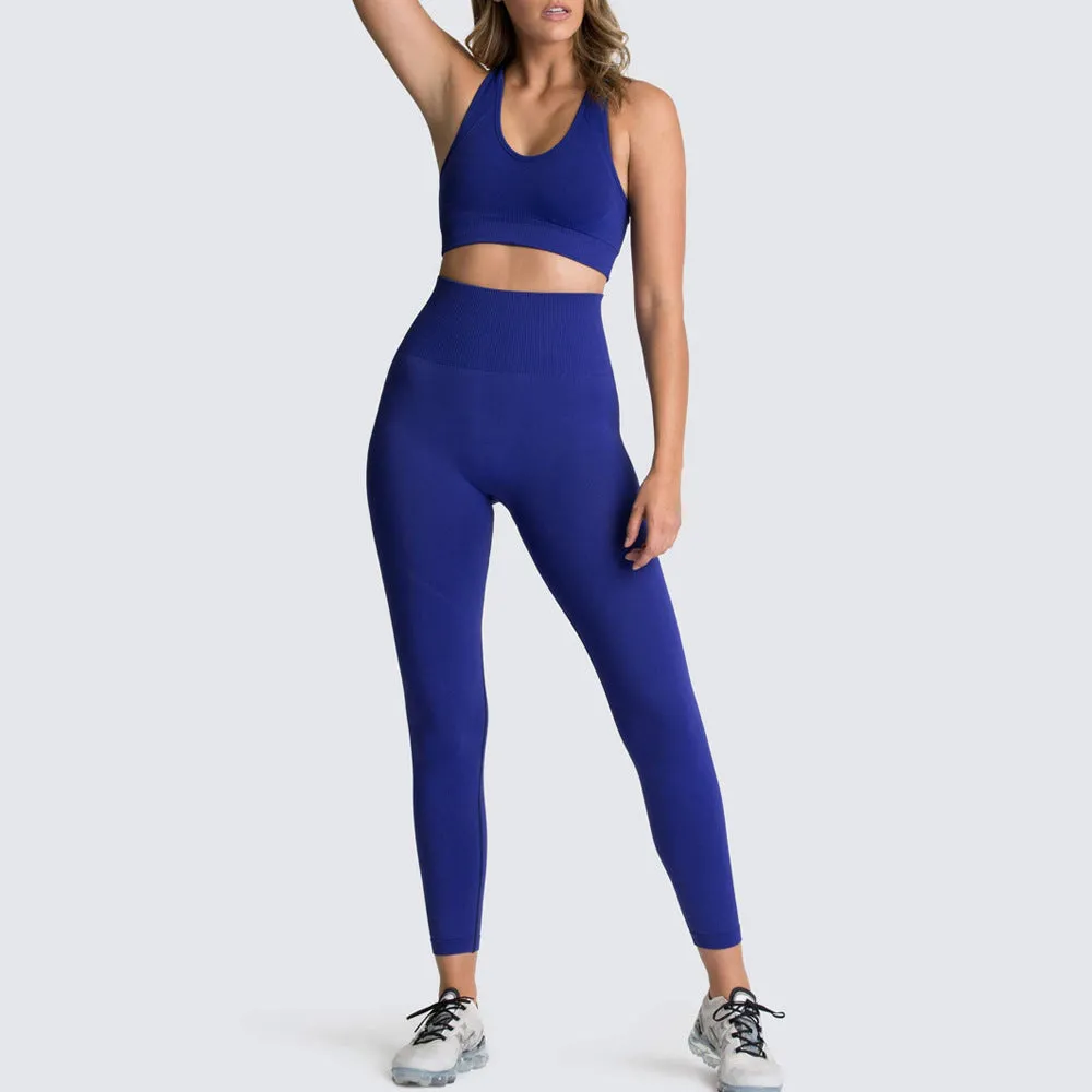 European and American Solid Color Seamless Knitted Hip Yoga Suit Exercise Workout Outfit Vest Suit Women