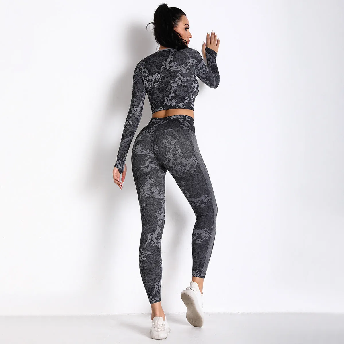 Yoga Clothes Women Seamless Knitted Camouflage Corset Yoga Suit High Elastic Corset Long Sleeve Yoga Pants Women